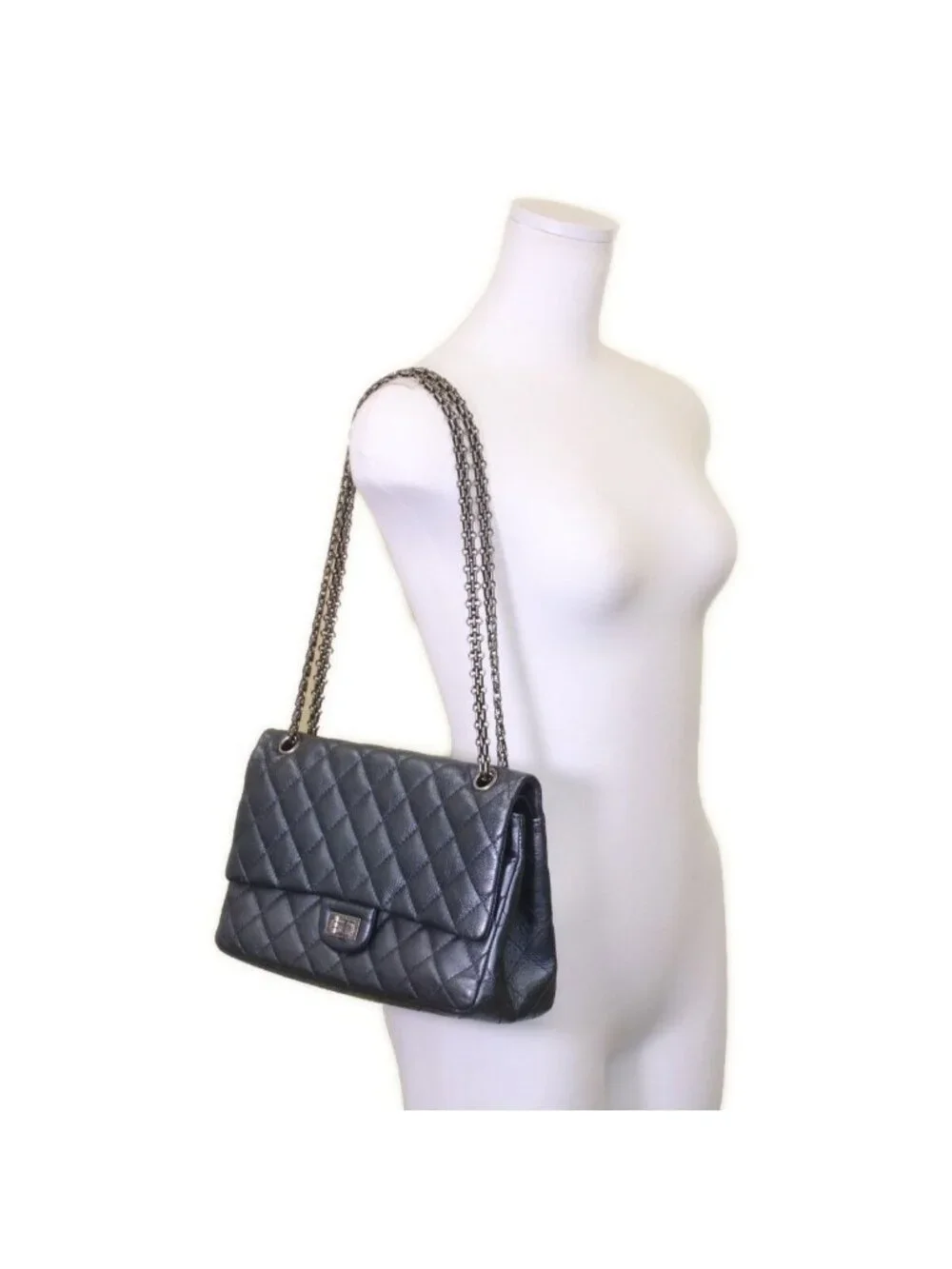 Chanel Metallic Blue Gray Vintage Calf Silver Quilted 2.55 Large Chain Handbag